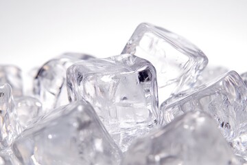 Close up of many ice cubes stacked together on a plain white surface area