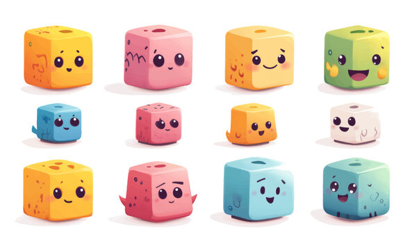 Set of cute cube icon characters. Colorful minimal vector character set. Cute faces hand drawn. Cartoon illustration