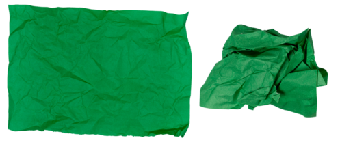 Isolated set of crumpled sheet of green paper on white background