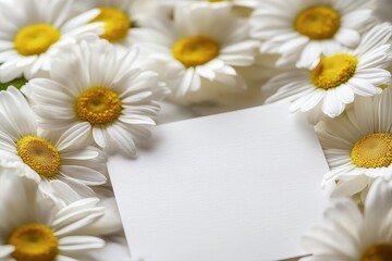Obraz premium White daisies with yellow centers surrounding a blank card on a surface