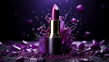 Explosive purple lipstick action glamour studio product photography artistic environment close-up