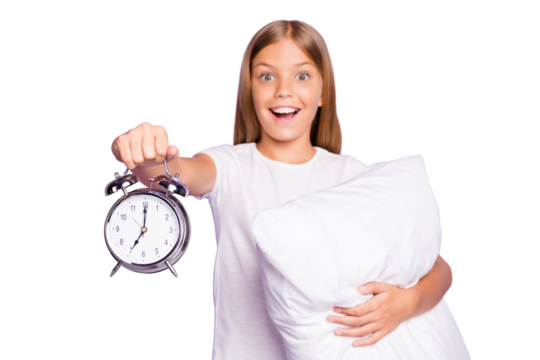 Portrait of excited positive blonde hair kid awake in morning look at time clock hold hand people amazed scream omg want hurry to school wear white t-shirt isolated violet purple color background