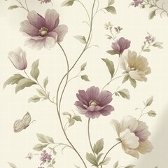 Elegant Floral Pattern with Butterflies on Soft Cream Background
