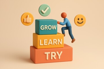 Growth Through Learning: A 3D illustration of a person climbing a staircase of success, with each step representing "try", "learn", and "grow," symbolizing a journey of continuous improvement.  