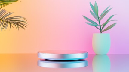 Minimalist modern decor with plants and reflective circular platform on pastel background