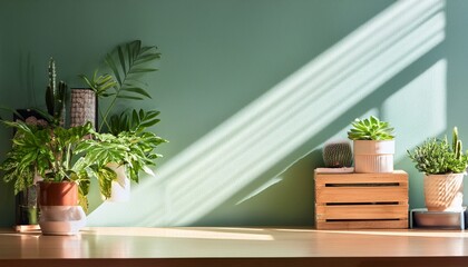 Sunlight Illuminates Vibrant Green Houseplants on Wooden Desk Against a Mint Green Wall