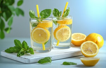Fototapeta premium Refreshing Citrus Lemonade with Mint Leaves in Clear Glasses Garnished with Lemon Slices Sitting on a Light Wood Board