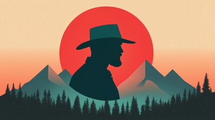 Silhouette of a cowboy against a mountain sunrise with red sun