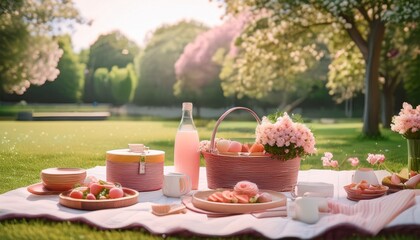 Romantic Spring Picnic Basket Outdoors Peachy Pink Theme in a Lush Green Park