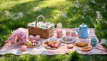 Delightful Spring Picnic Basket with Croissants and Pink Treats on a Sunny Lawn