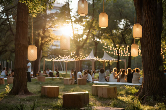 eco-friendly event, people discussing eco-friendly initiatives, beautiful recycled paper decorations on trees, and a strong sense of unity at the outdoor event