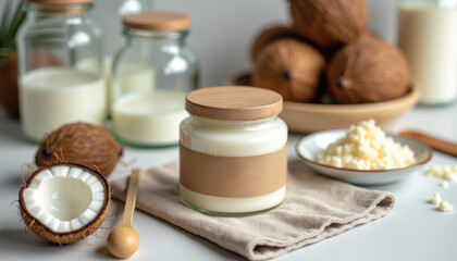 Coconut oil label. Blank label coconut oil jar with milk, flakes and wooden spoon on neutral backdrop