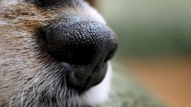 The wet nose of dog extremely close-up. The hunting canin breed caught the scent. Picking up doors. A moving pet's nostrils. Sniffing activity. Copy space. side view. High quality 4K footage.