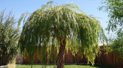 Weeping willow tree in a yard. Lush green foliage cascades down, twisting trunk