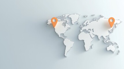 Two location markers on world map with 3d relief on light background
