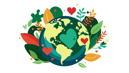 Fototapeta premium Earth Day A vibrant planet surrounded by love lush foliage and hearts bold colors flat design