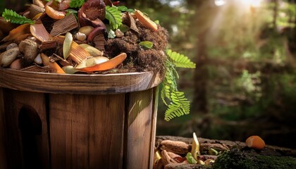 Wooden Compost Bin Filled with Organic Waste Outdoors in Sunlight A Sustainable Gardening Practice