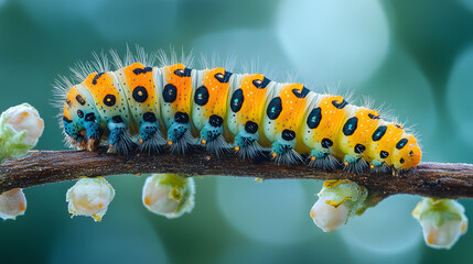 Fototapeta premium Close-up photography of a caterpillar crawling on a branch, highlighting its vibrant stripes, tiny legs, and soft texture with a blurred forest background.
