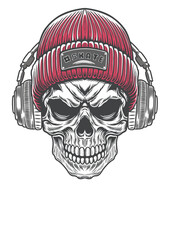 Skull in streetstyle beanie hat and vintage style headphone 70 - BW
