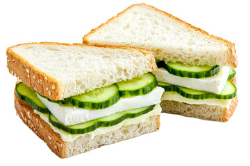 English tea sandwich with thinly sliced cucumbers, butter, and cream cheese on crustless white bread, isolated on a white background