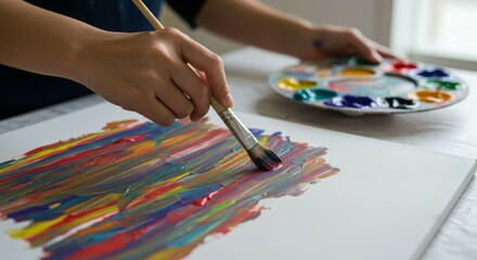 Painting Colorful Stripes on Canvas with Brush and Palette