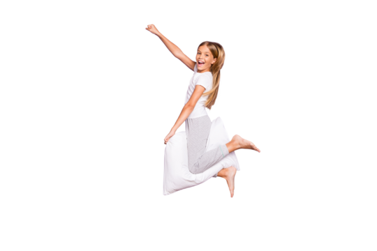 Go ahead little pony! Full body profile side photo of cheerful crazy funky blonde hair kid raise fist jump fly ride soft pillow wear t-shirt pants barefoot isolated violet purple color background