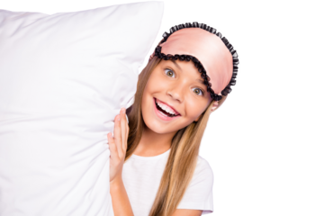 Close up photo of excited funny child hold pillow have fun feel relax expression on sleep-over slumber party want play game wear white t-shirt isolated over purple color background
