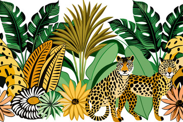 Obraz premium Toile tropical vintage botanical palm trees, banana tree, plants, leopard, zebra animal, toucan seamless border white background. Graphic jungle mural Background