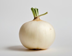 Fresh, round white onion with green shoots against a clean, neutral background.