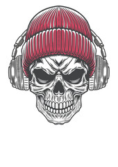 Skull in streetstyle beanie hat and vintage style headphone 70b - BW