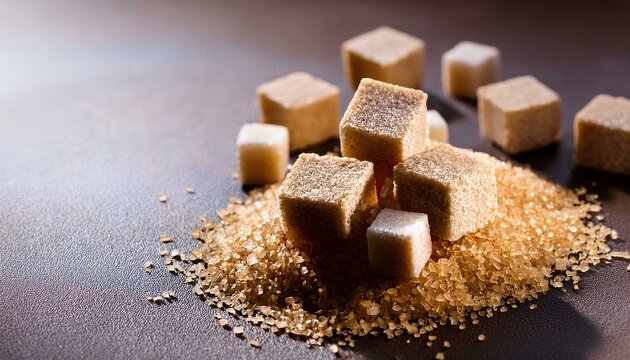 close up brown sugar cubes on dark background with copy space. - Powered by Adobe