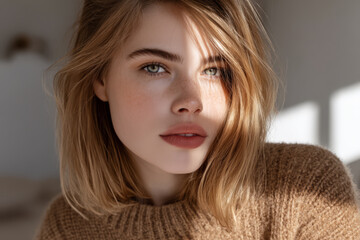 Fototapeta premium Beautiful young woman with natural makeup poses indoors in soft lighting