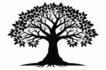 neem tree silhouette line art vector illustration