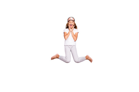 Full size photo of impressed beautiful excited blonde hair  model kid wakeup hear wonderful morning news scream wow omg jump high wear white t-shirt pants isolated over violet purple color background
