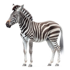 Fototapeta premium Zebra standing side view, turning head backward, striped wildlife pose, clean isolation