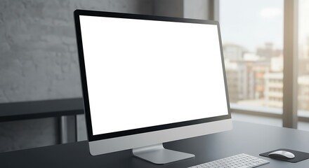Fototapeta premium Computer Workstation Mockup with Blank Screen in Office Interior Background