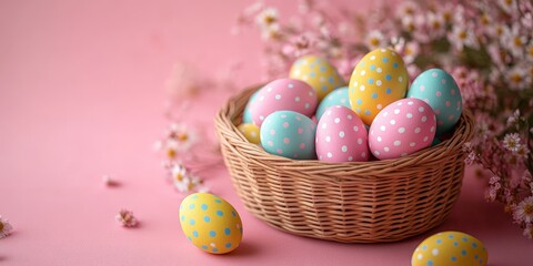 Fototapeta premium Colorful Easter Basket with Pink Background and Decorative Eggs