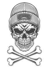 Skull in streetstyle beanie hat in horror devil style 69 - BW