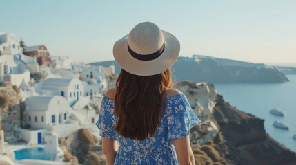 A woman wearing a straw hat stands on a beach in front of a town