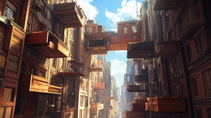 Fototapeta premium A surreal cityscape with floating furniture above buildings