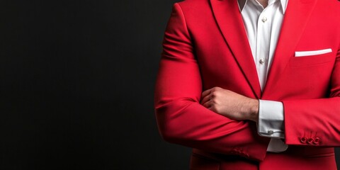 A well-dressed man stands confidently, crossing his arms in a striking red suit, embodying elegance while enjoying an upscale casino atmosphere