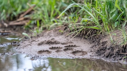 Obraz premium Bird footprint marks on muddy pond shore showing brief interaction with habitat