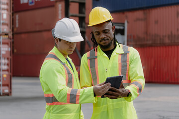 Industrial engineer standing at shipping container yard inspecting cargo delivering loading as plan. Cargo manager and diverse ethnic worker checking import export container at logistic terminal dock.