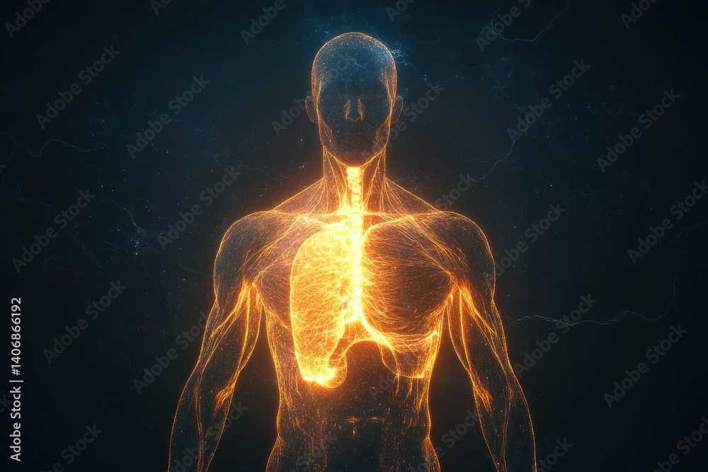 Aufkleber Futuristic anatomical visualization of a translucent human silhouette with a glowing muscle system in a dark environment