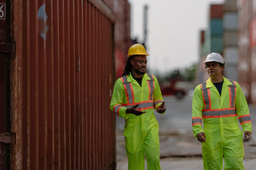 Industrial engineer standing at shipping container yard inspecting cargo delivering loading as plan. Cargo manager and diverse ethnic worker checking import export container at logistic terminal dock.