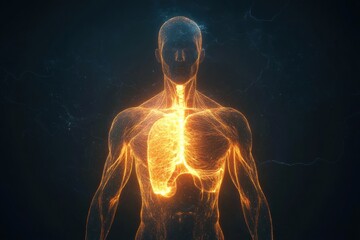 Futuristic anatomical visualization of a translucent human silhouette with a glowing muscle system in a dark environment
