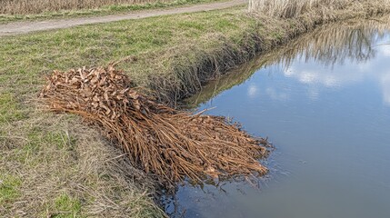 Fototapeta premium Dried aquatic plants at pond edge marking natural cycle of growth and decline