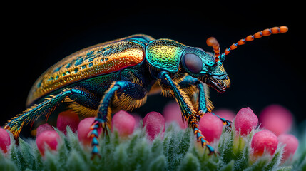 Fototapeta premium An extraordinary photography of a jewel beetle, its metallic exoskeleton shimmering in hues of green, blue, and gold under the light, revealing its fine textures.