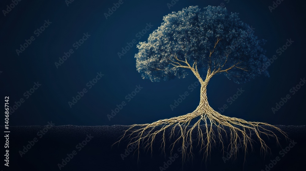 Leinwandbilder tree with neural network shaped roots symbolizes organic intelligence and interconnectedness of life