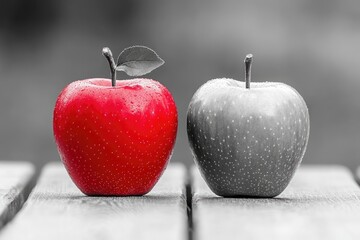 Red Apple Placed Next to Identical Gray Apple on Wooden Surface Creates a Striking Visual Contrast
